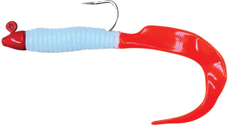 H & H Giant Curl Tail Jig 8In 1Oz White/Fire Tail