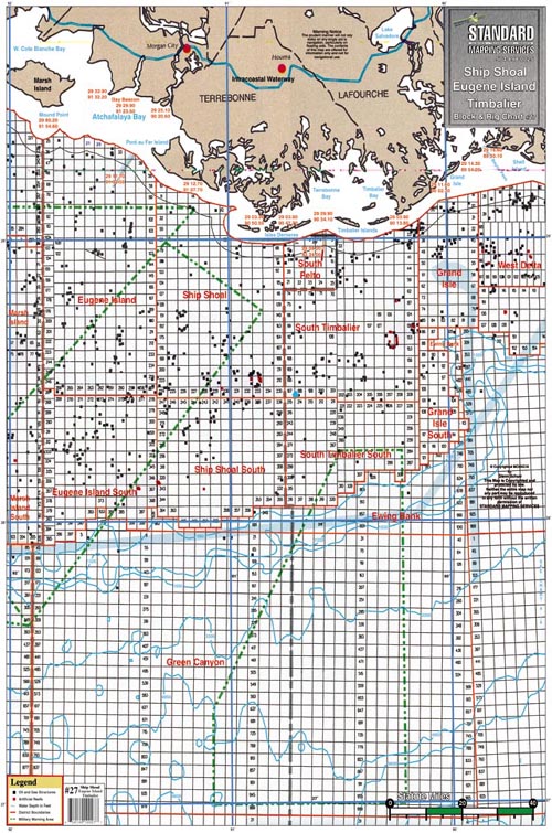 Standard Map Laminated Fishing Map Timbalier Block/Rig Chrt
